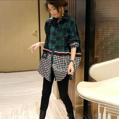 Stitching Plaid Shirt Women Fake Two-piece Tops Tide Western Style