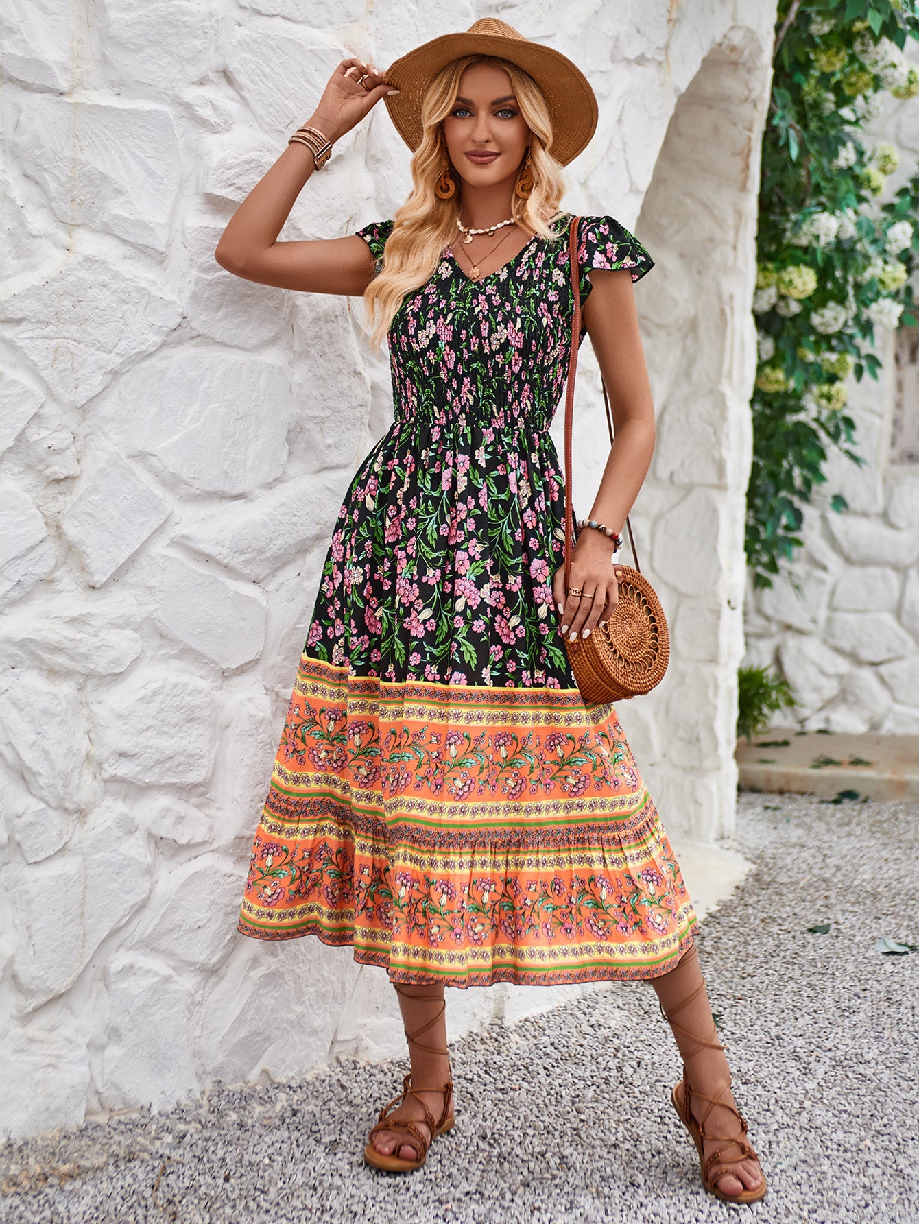 Vestido con cuello en V y estampado de nuevas flores, vestidos informales sin mangas con volantes, vestido bohemio de playa para vacaciones, ropa para mujer