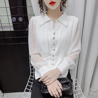 Chiffon Long Sleeve Shirt Ladies Casual Single Breasted Pleated Lapel Semi