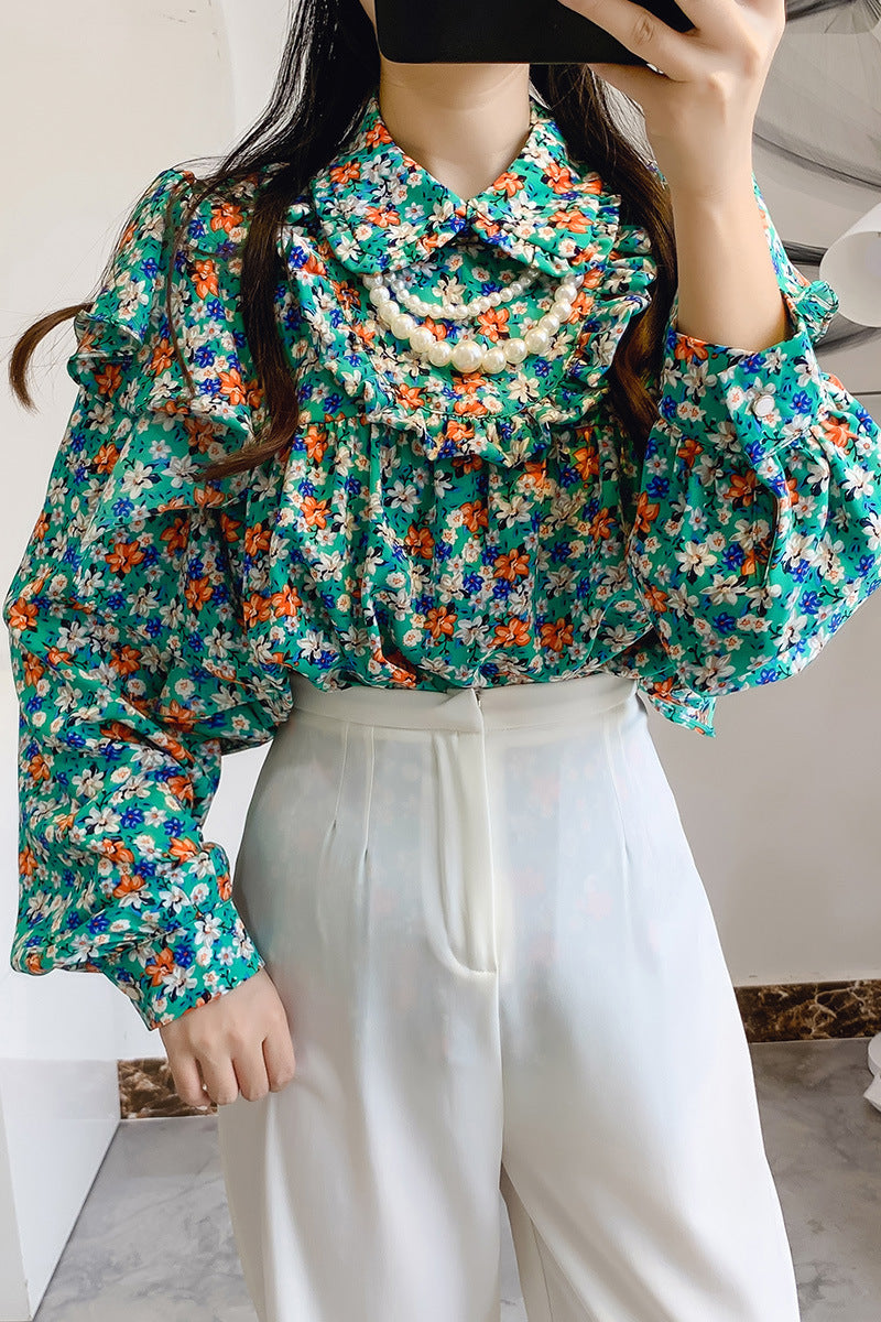 Camisa de gasa floral con cuello de muñeca Camisa con parte superior con volantes y cadena para mujer