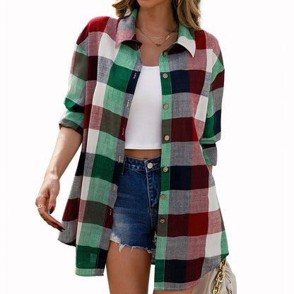 Loose Casual Colorful Plaid Midi Shirt Dress Top