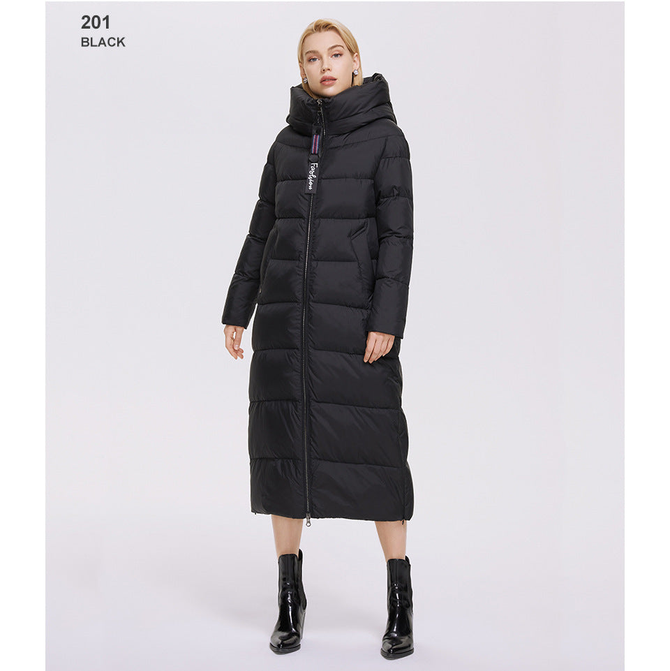 Hooded Stand Collar Coat Extra Long Thermal And Windproof Zipper Cotton-padded Coat