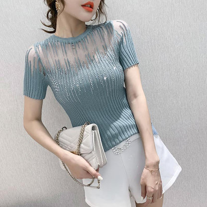 All-match Ice Silk Knitted Mesh Hollow Lace Top