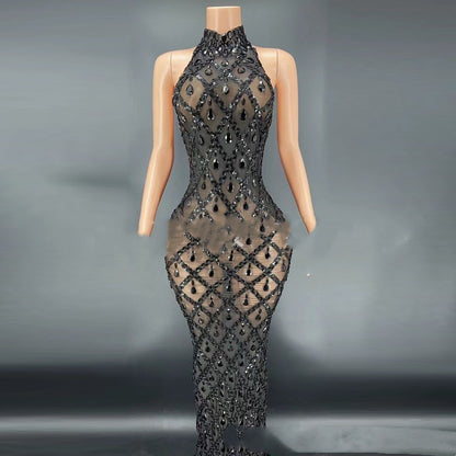 Black Diamond Dress On Black Background Nightclub Bar Female Singer Costume Stage Costume