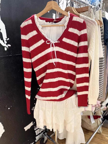 Loose V-neck Red And White Striped Cable-knit Sweater Coat