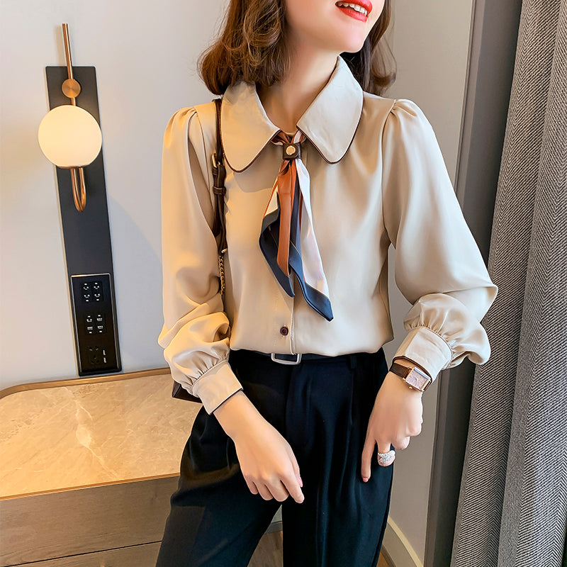 Doll Collar Silk Scarf Bow Tie Long Sleeve Shirt