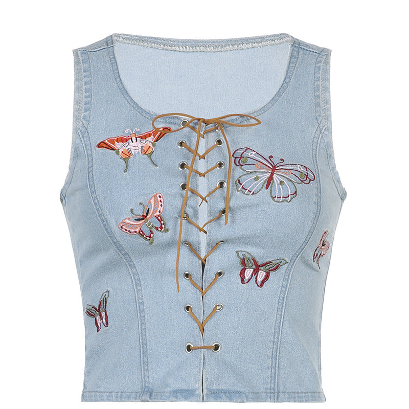 Butterfly Embroidered Cropped Lace-Up Denim Tank Top