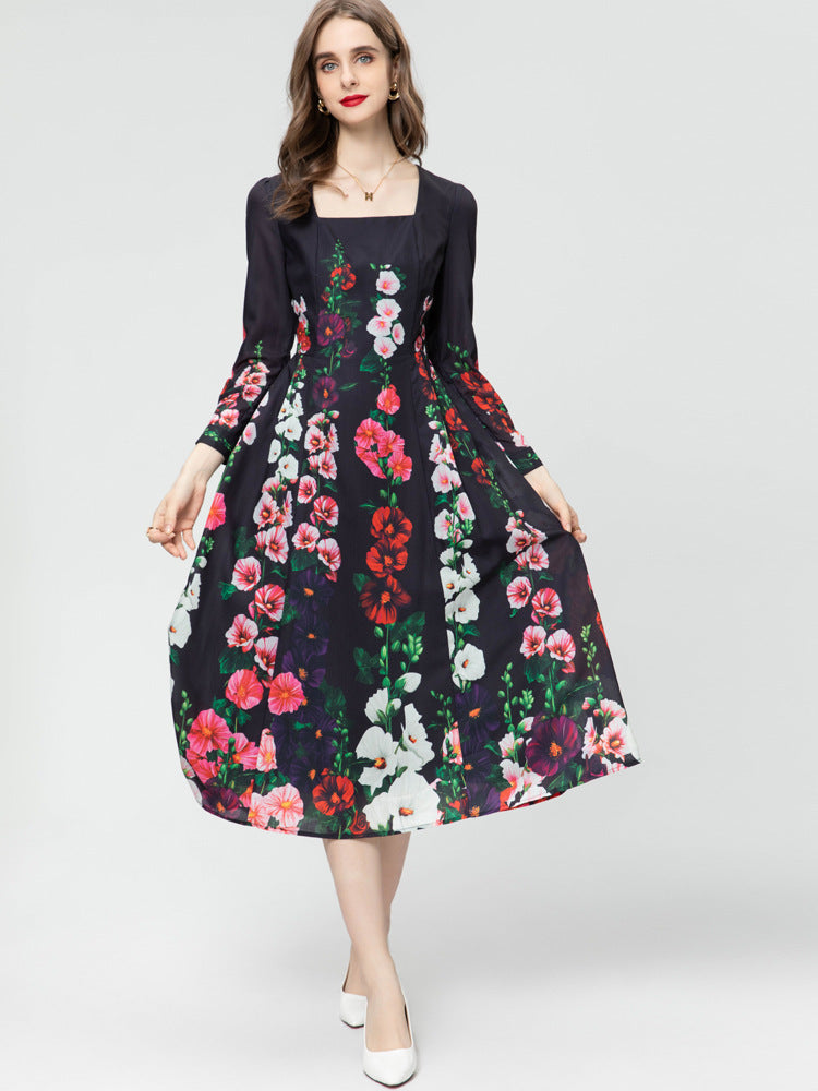 Retro Style Fashion Square Collar Long Sleeve Red Printed Black Mid-length Dress