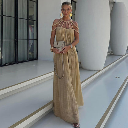 Vestido de playa suelto con hombros descubiertos y cuerda para mujer