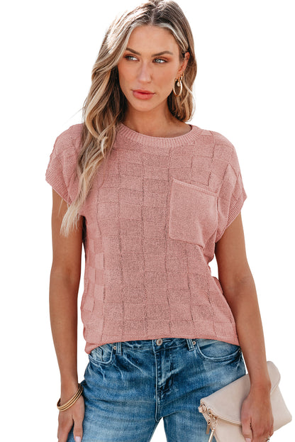 Pull à manches courtes en tricot texturé en treillis rose poussiéreux