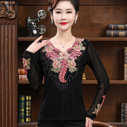 Middle-aged Embroidered Top Ladies Bottoming Mom Spring Western Style Long Sleeve T-Shirt