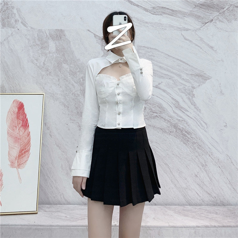 Women's Fashion Top White Ruffled Hollowed-out Shirt