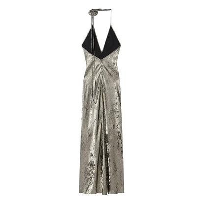 Metal Foil Flower Decoration Dress Long