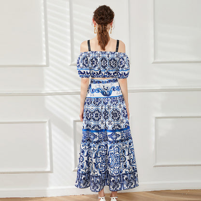 Summer Boat Neck Off-the-shoulder Short Tube Top High Waist Long Skirt Two-piece Set Fashion Suit