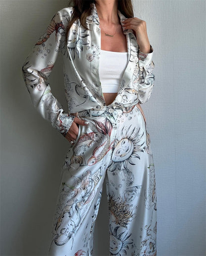 Printed Long-sleeved Top Wide Leg Pants Two-piece Set