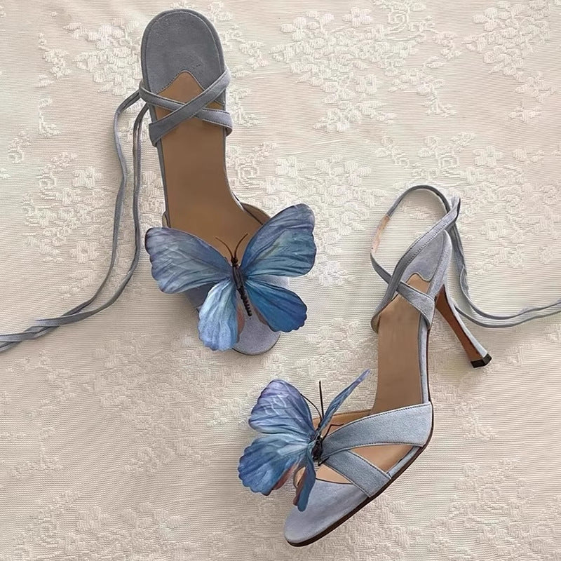 Sandalias de piel auténtica con tiras cruzadas y flores de mariposa y hada, tacones altos sexis con punta abierta