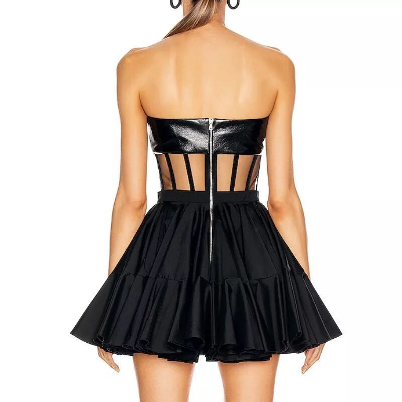 Tube Top Backless Puffy Ruffles Leather Skirt Prom Evening Dress