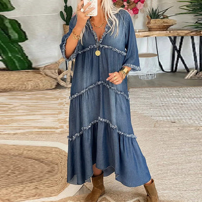 Elegant Pleated Loose Denim Long Skirt