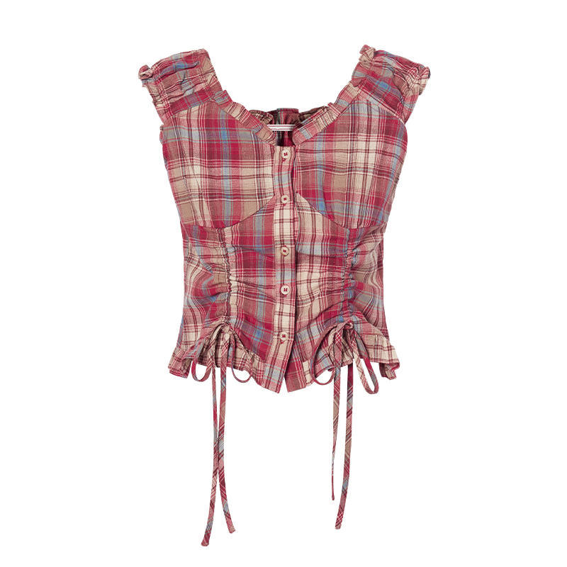 Off-shoulder Two-way Drawstring Nipped-waist Plaid Shirt