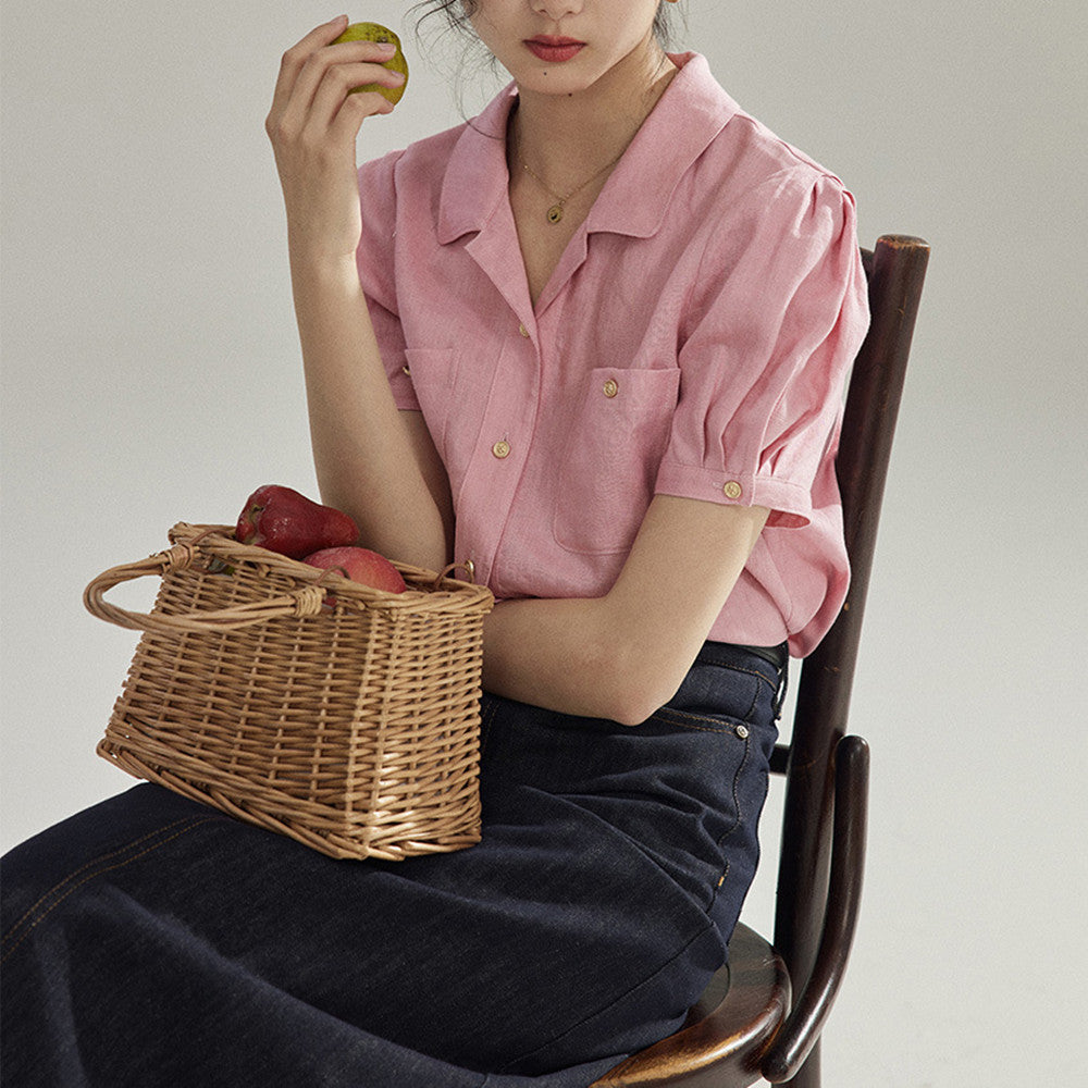 Haut de chemise à manches courtes pour femme à manches bouffantes vintage