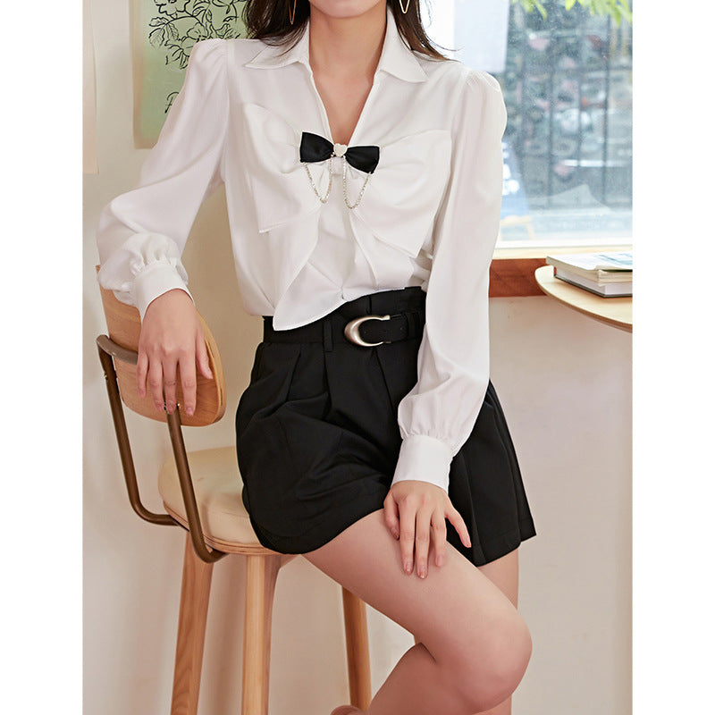 Women's Contrast Bow French Solid Color Shirt