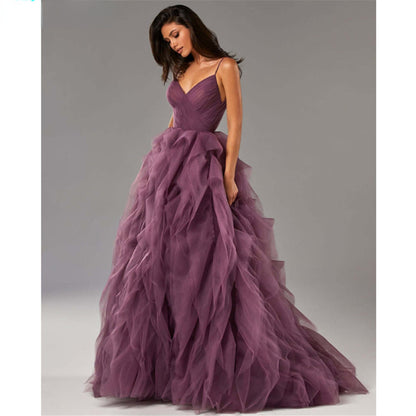 Evening Gown Prom Irregular Spaghetti-strap Mesh Long Dress