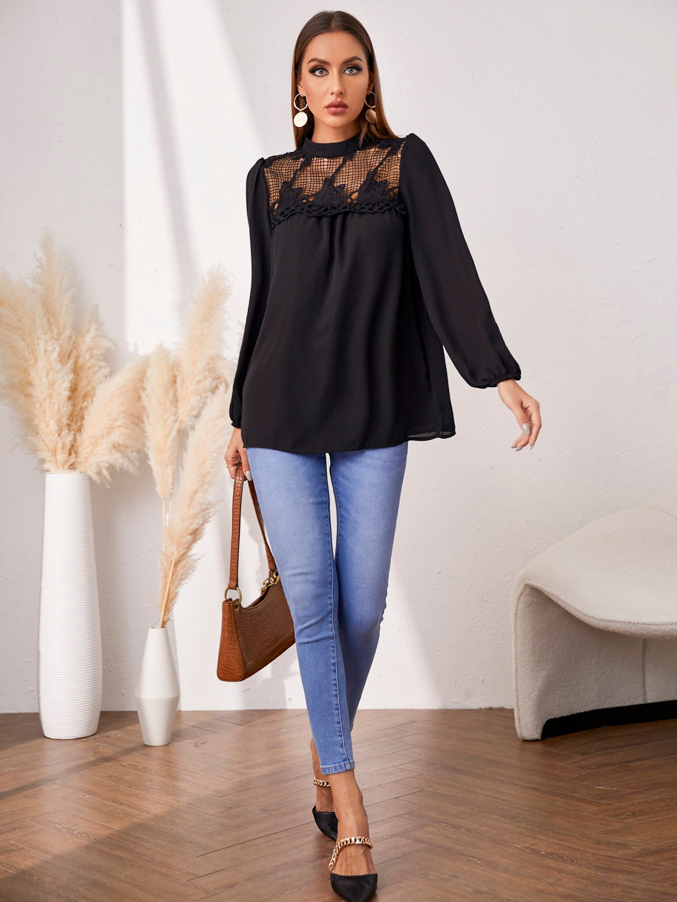 Openwork Round Neck Puff Sleeve Blouse