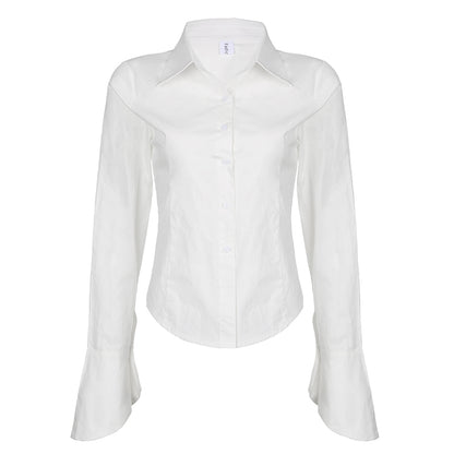 Simple White Shirt Women's Versatile Style Polo Collar Breast