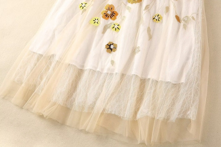 Exquisite Embroidery Floral Sequined Sleeveless Apricot Swing Long Dress