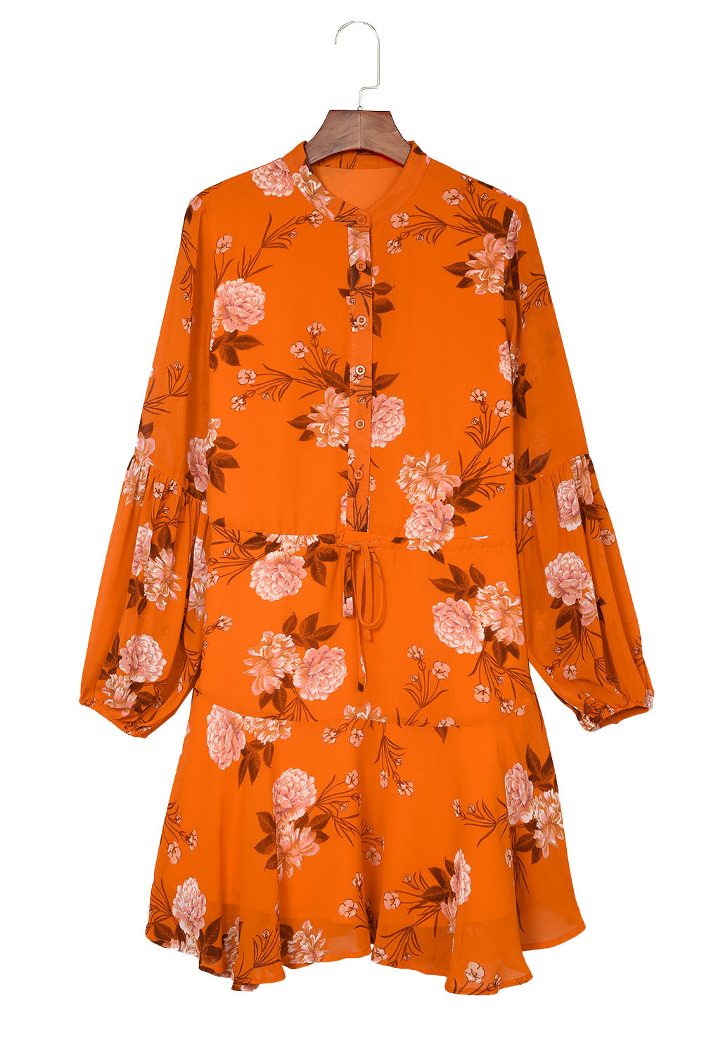 Orange Vintage Floral Print Drawstring Flowy Dress