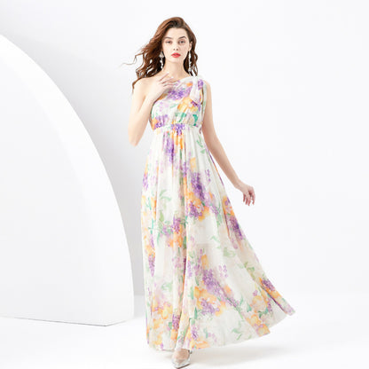 Sleeveless Ribbon Wide Hem Printed Dress