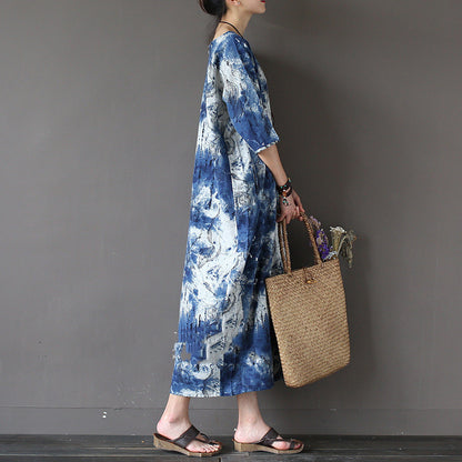 Vestido suelto de estilo étnico retro de algodón y lino teñido con tinta para mujer