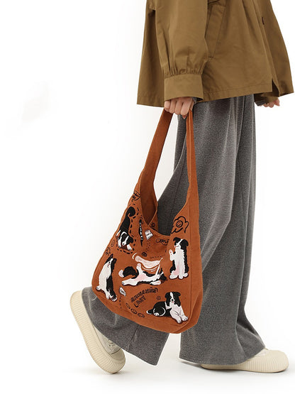 Retro Shoulder Puppy Printed Large Capacity Casual Canvas Bag