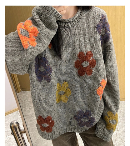 Pullove Round Neck Flower Mid-length Loose Sweater