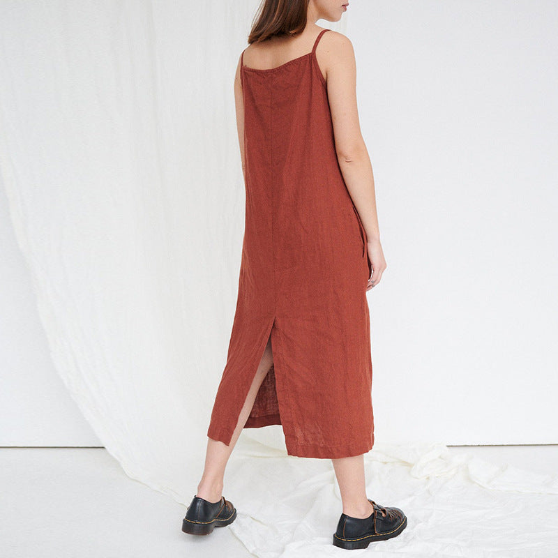 Sling Dress Summer Basic Style Versatile Cotton And Linen Split Mid-length