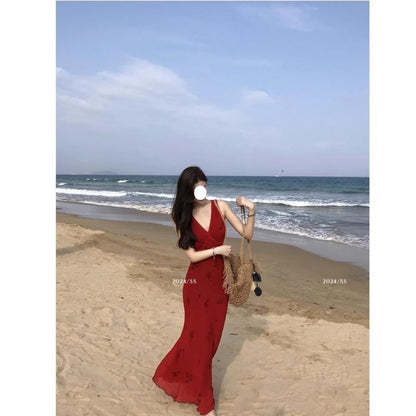 Women's Summer Waist Red V-neck Sling Dress