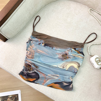 Stream Of Consciousness Oil Painting Printing Sling Skirt Vacation Style Suit Two-piece Set Niche