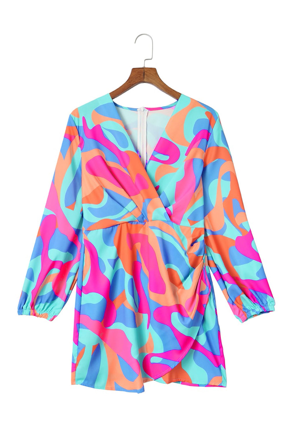 Multicolor Abstract Print Wrap V Neck Puff Sleeve Dress