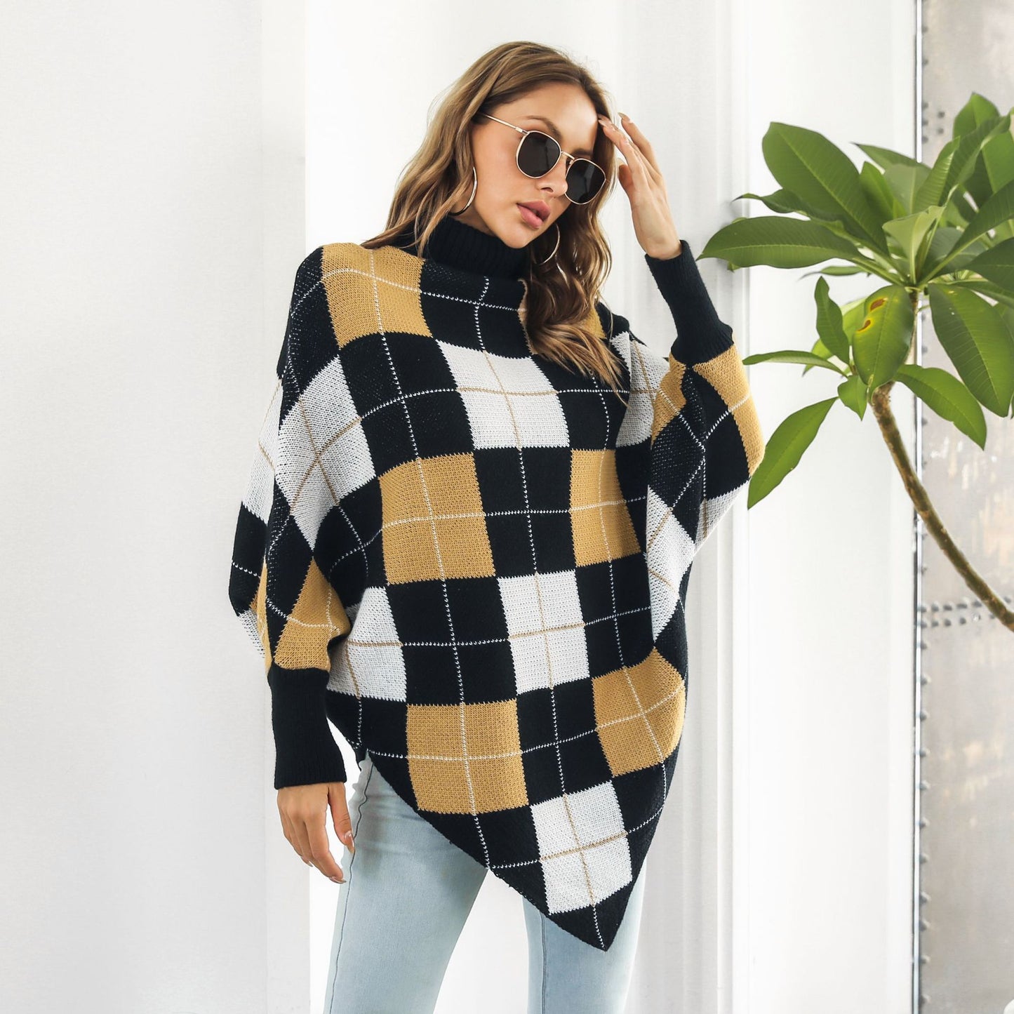 Women's Mid-length Plaid Jacquard Cape Sweater Coat