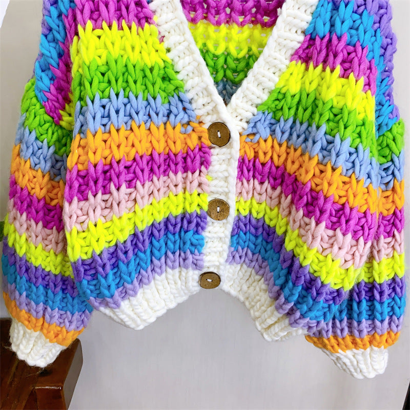 Cardigan pull arc-en-ciel tissé à la main pour femme