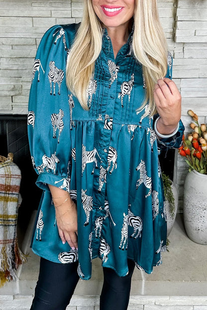 Robe tunique chemise plissée bleue imprimée à motif zèbre