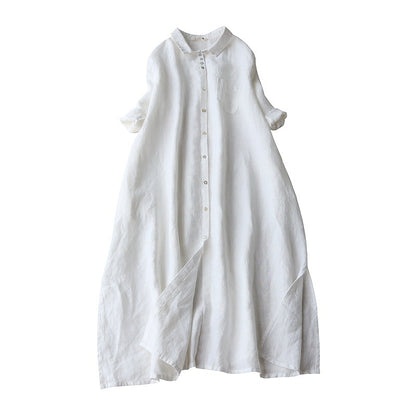 Summer Linen Fabric Lapel Long Shirt Dress