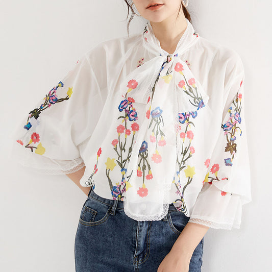 Design Sense Niche Retro Chiffon Printed Urban Casual Shirt