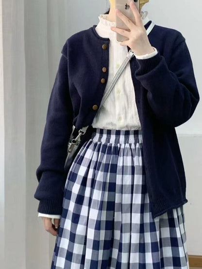 Women's Autumn Fashion Preppy Style Plaid Skirt Three-piece Set