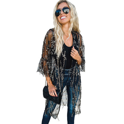 Sequined Transparent Mid-length Cardigan For Women Autumn