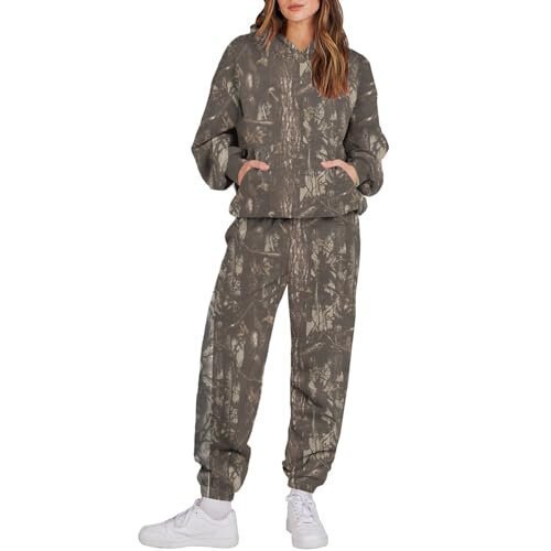 Women's 3 Camouflage Leaves Sports Hooded Long Sleeve Sweatshirt And Sweatpants Sets