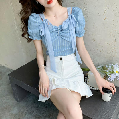 Women's French Bellflower Square Neck Tie Short Sleeve Chiffon Shirt