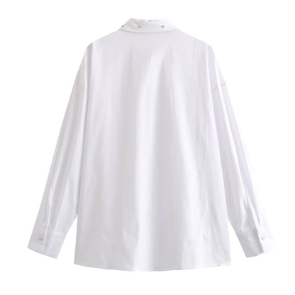 New Artificial Jewelry White With Lapel Cotton Poplin Shirt Top