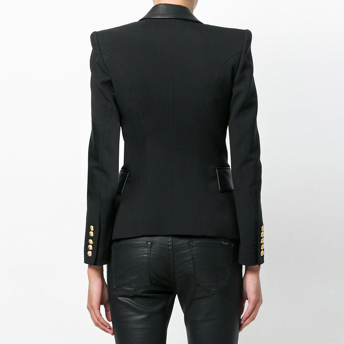 Fashion Stitching PU Leather Long Sleeve Double Breasted Suit Jacket Tops