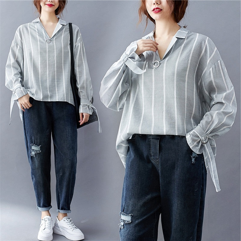 Loose And Slim Striped V-neck Long-sleeved Shirt